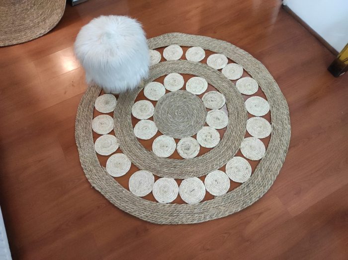 HERMOSA ALFOMBRA DE YUTE DISEÑO CIRCULAR BICOLOR, 120 CM DIAMETRO PRECIO OFERTA 🔥$34.990🔥