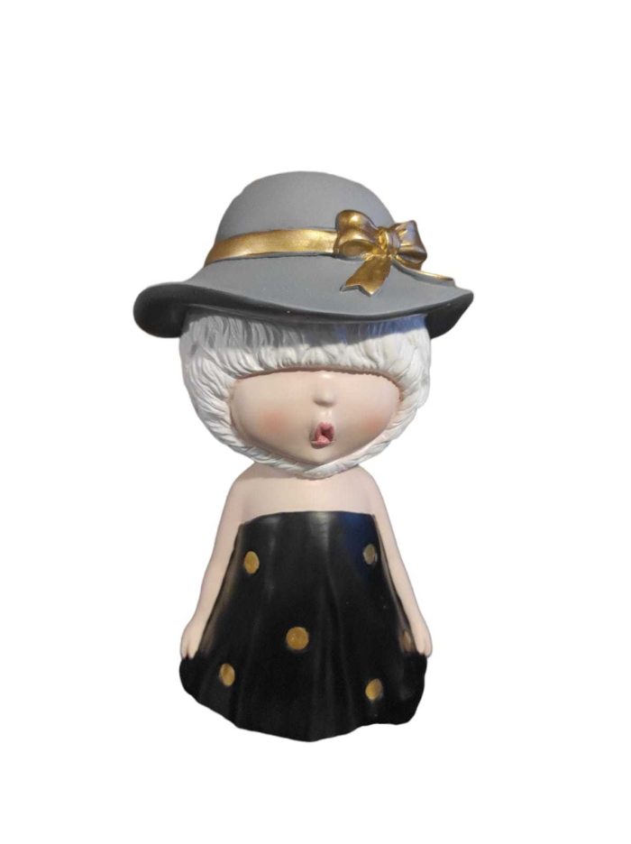 FIGURA MUÑECA SOMBRERO GRIS VESTIDO NEGRO LUNARES POLIRESINA 18 CM COD:1079 G