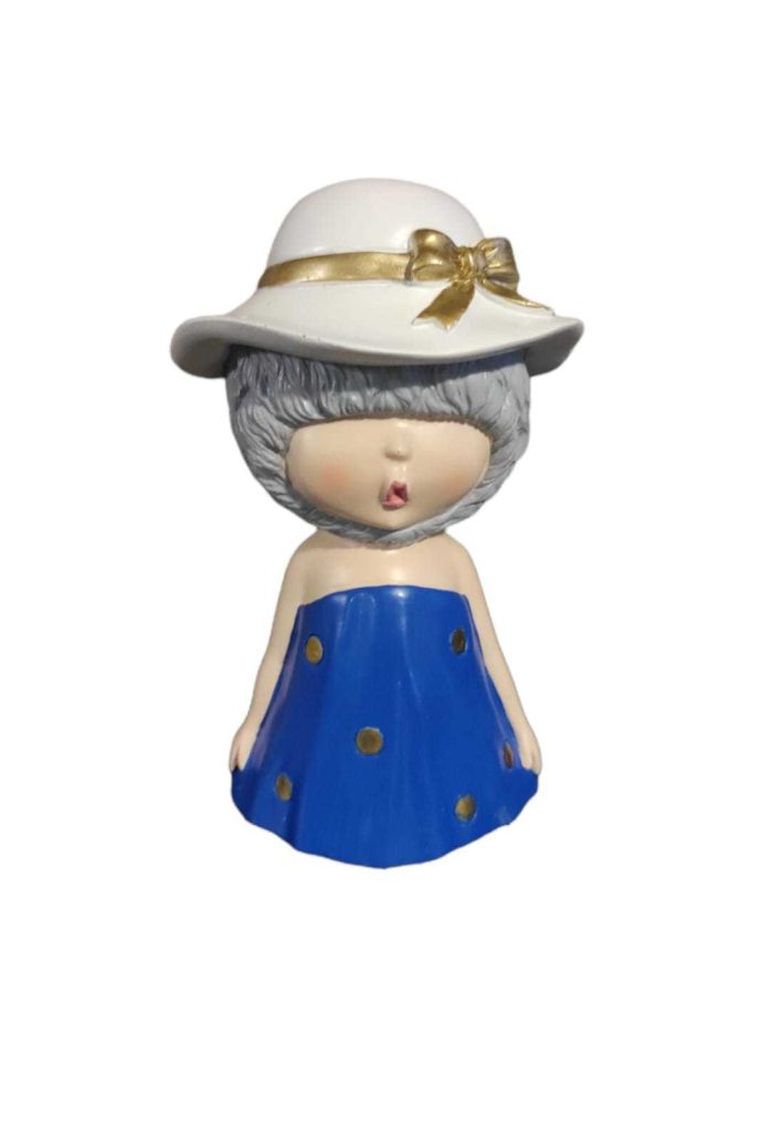 FIGURA MUÑECA SOMBRERO BLANCO VESTIDO AZUL LUNARES POLIRESINA 18 CM COD:1079 L