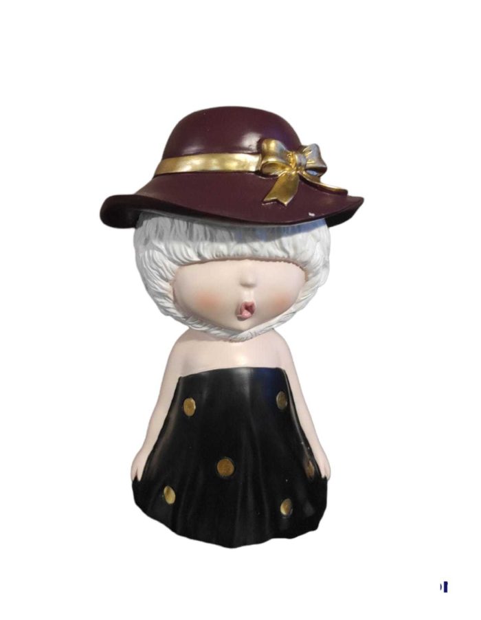 FIGURA MUÑECA SOMBRERO CAFÉ VESTIDO NEGRO LUNARES POLIRESINA 18 CM COD:1079 Z