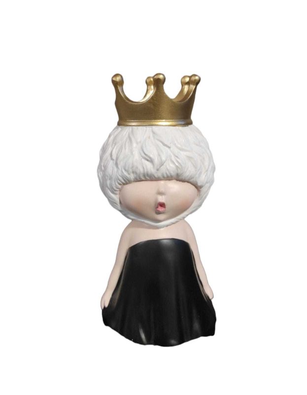 FIGURA MUÑECA CORONA PELO BLANCO VESTIDO NEGRO POLIRESINA 18 CM COD:1080 B