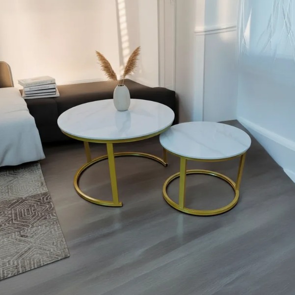 229-2 SET 2 MESAS TIPO NIDO ESTRUCTURA METAL CUBIERTA MARMOL 70 Y 50 CM (2)