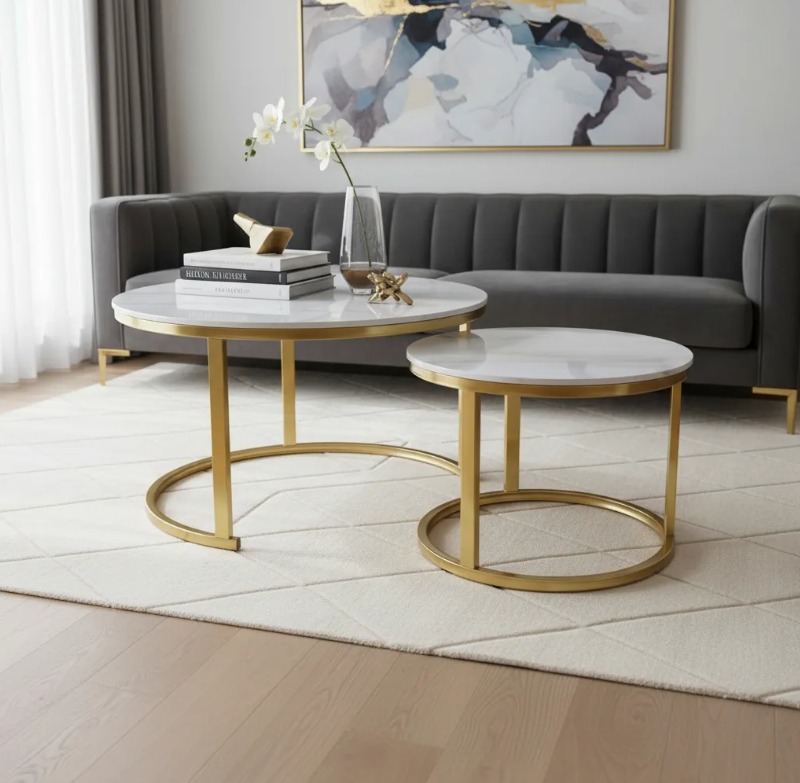 229-2 SET 2 MESAS TIPO NIDO ESTRUCTURA METAL CUBIERTA MARMOL 70 Y 50 CM (3)